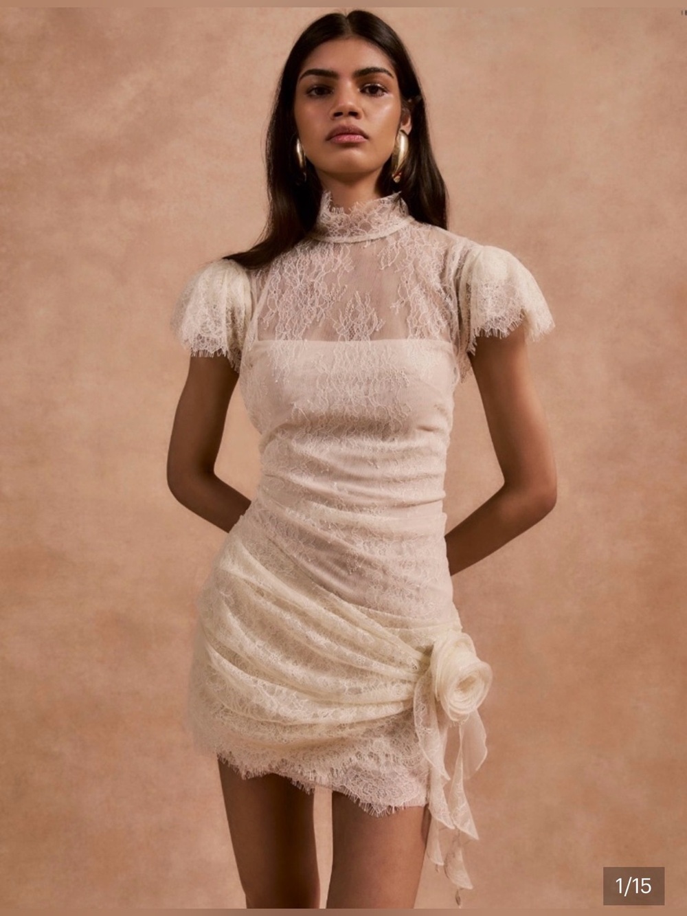 Cream Lace High-Neck Mini Dress